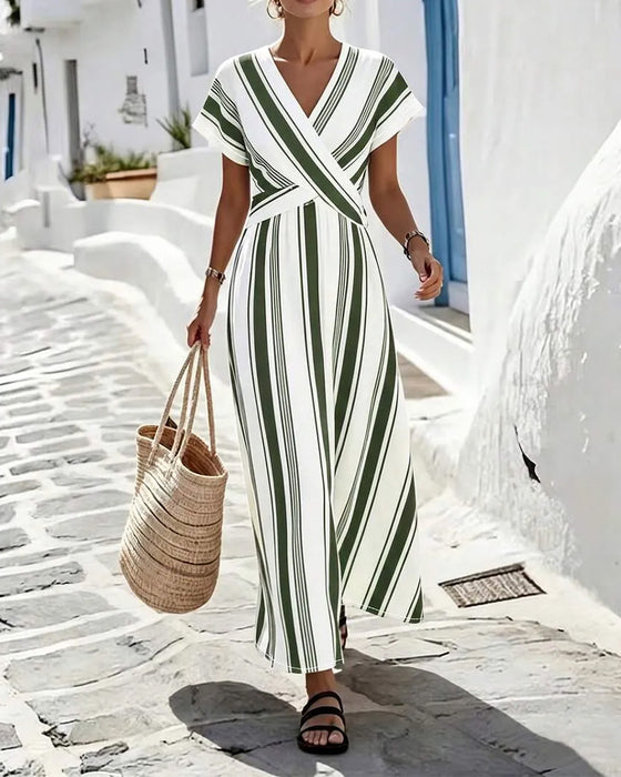 Cross V-Neck Stripe Wrap Long Dress