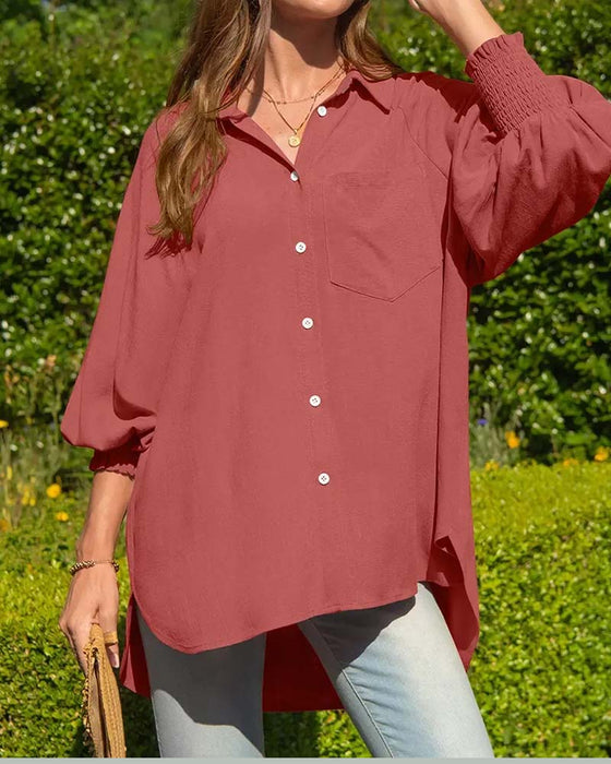 Loose Pocket Solid Elastic-Cuff Blouse