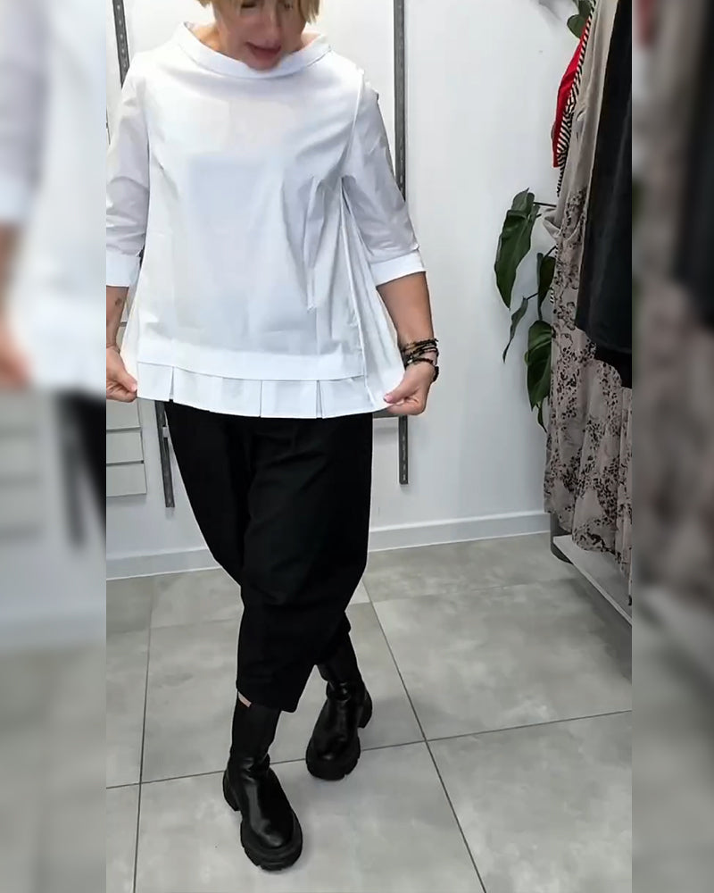 Wide-Collar Solid Color Casual Blouse