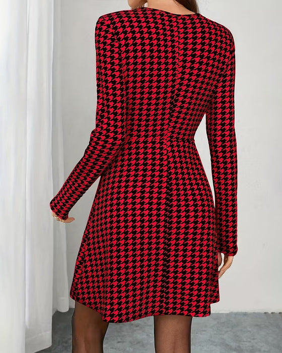 Long-Sleeved Houndstooth Print Dress
