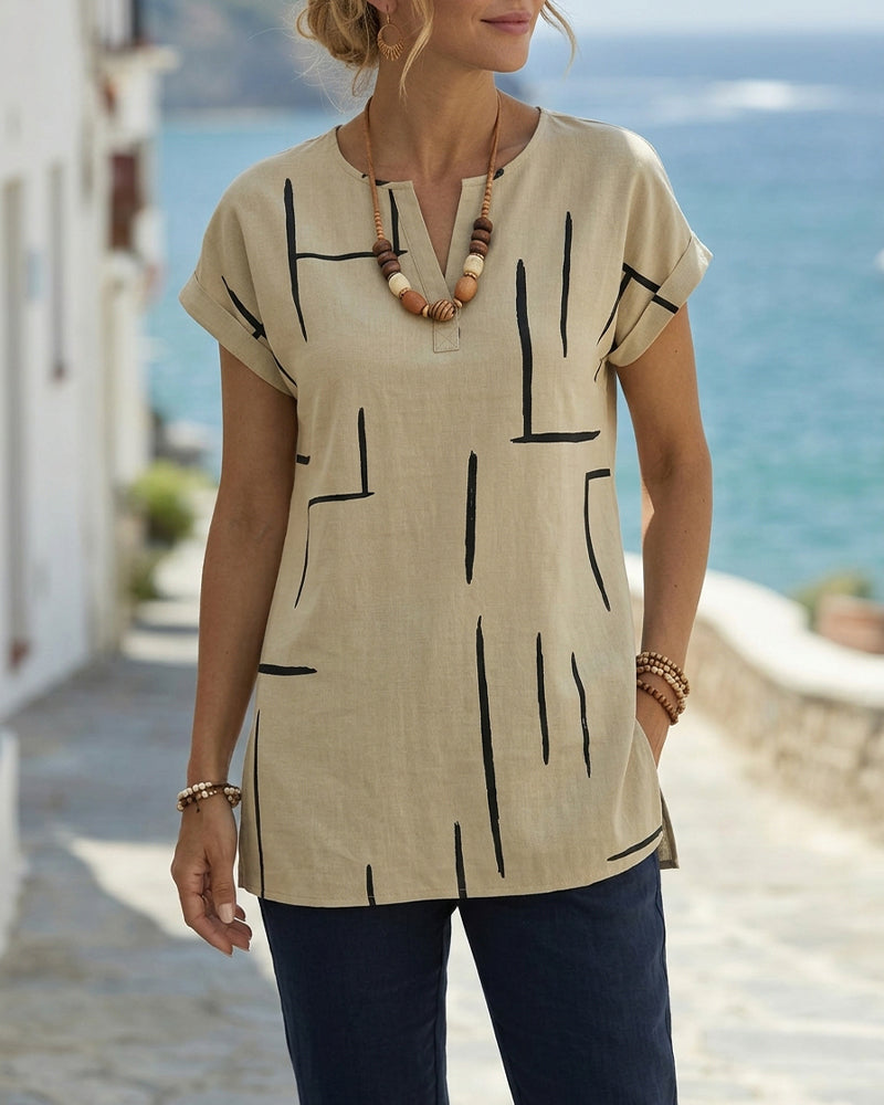 Geometric Line V-Neck Short-Sleeve Top