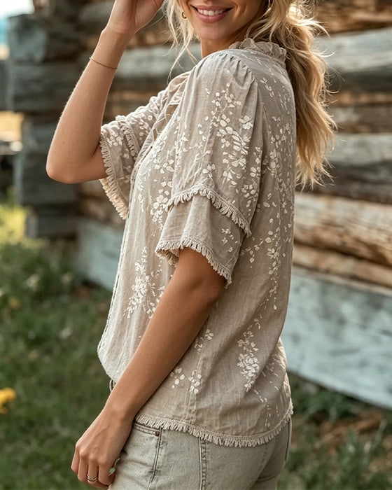 V-Neck Lace Trim Fringe Print Blouse