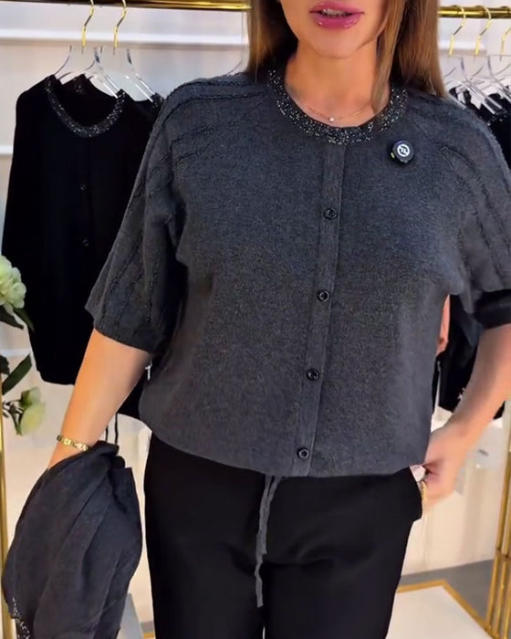 Crew Neck Short Sleeve Single-Breasted Pullover