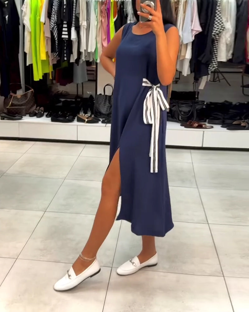 Irregular Solid Color Slit Sleeveless Dress