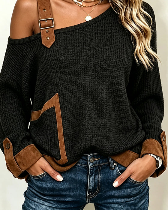 Off-Shoulder Asymmetric Neck Spliced Blouse