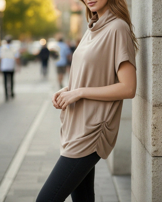 Mock Neck Short Sleeve Side Ruched Blouse