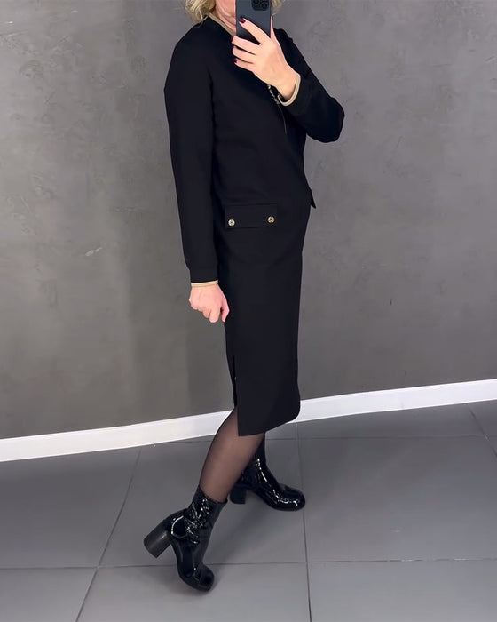 Stand collar contrast zipper shift dress