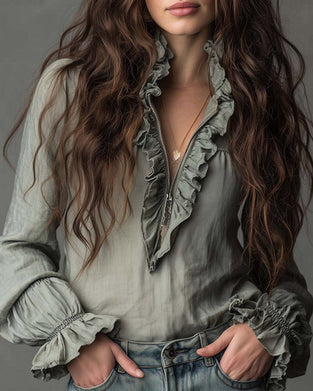 Half Zip Fashion Ruffle Blouse