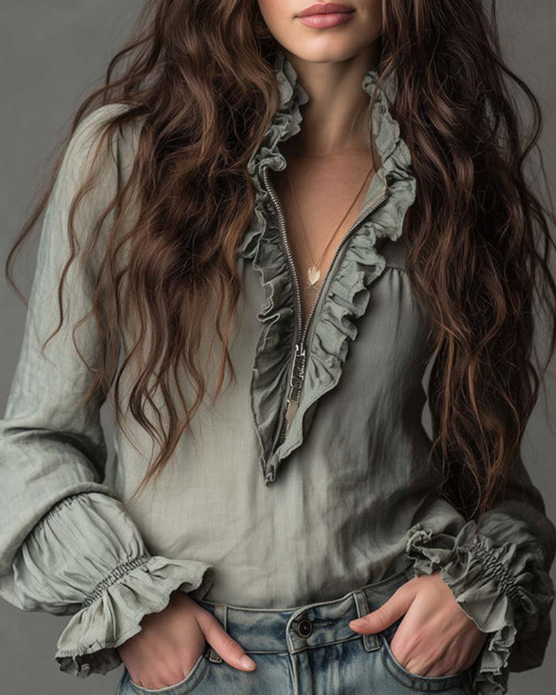 Half Zip Fashion Ruffle Blouse