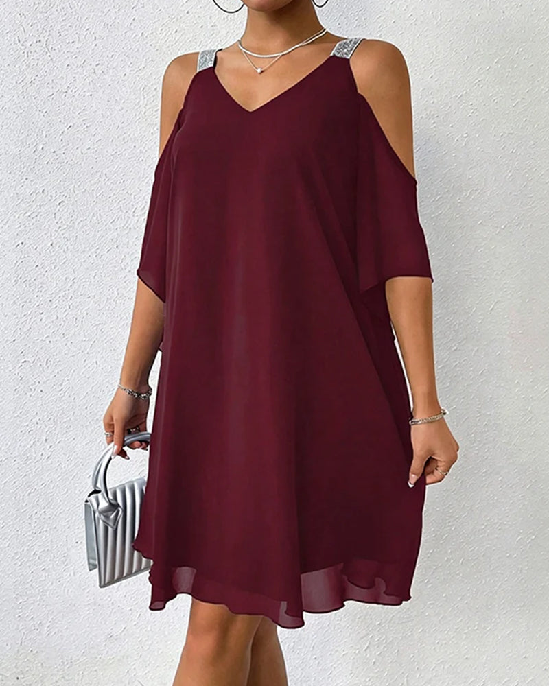 Sequin Off-Shoulder Solid-Color Dress