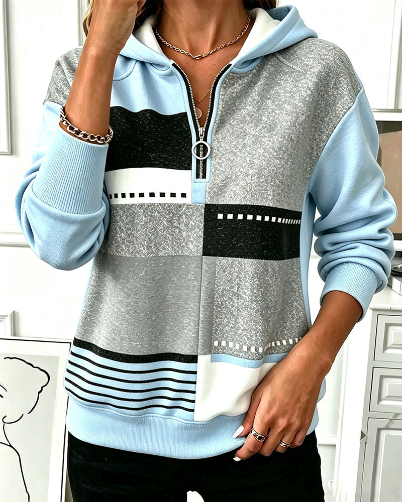 Half Zip Contrast Geometric Print Hoodie