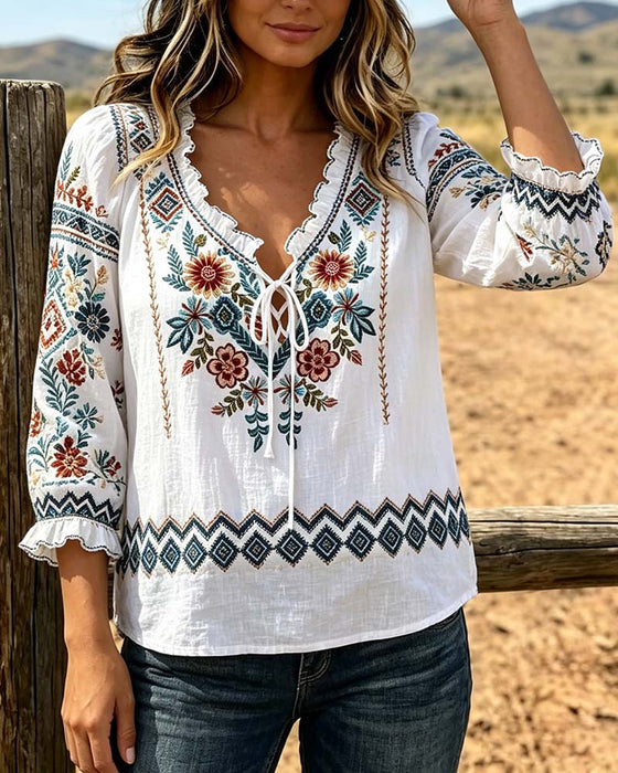 V-Neck Bohemian Ruffle Blouse