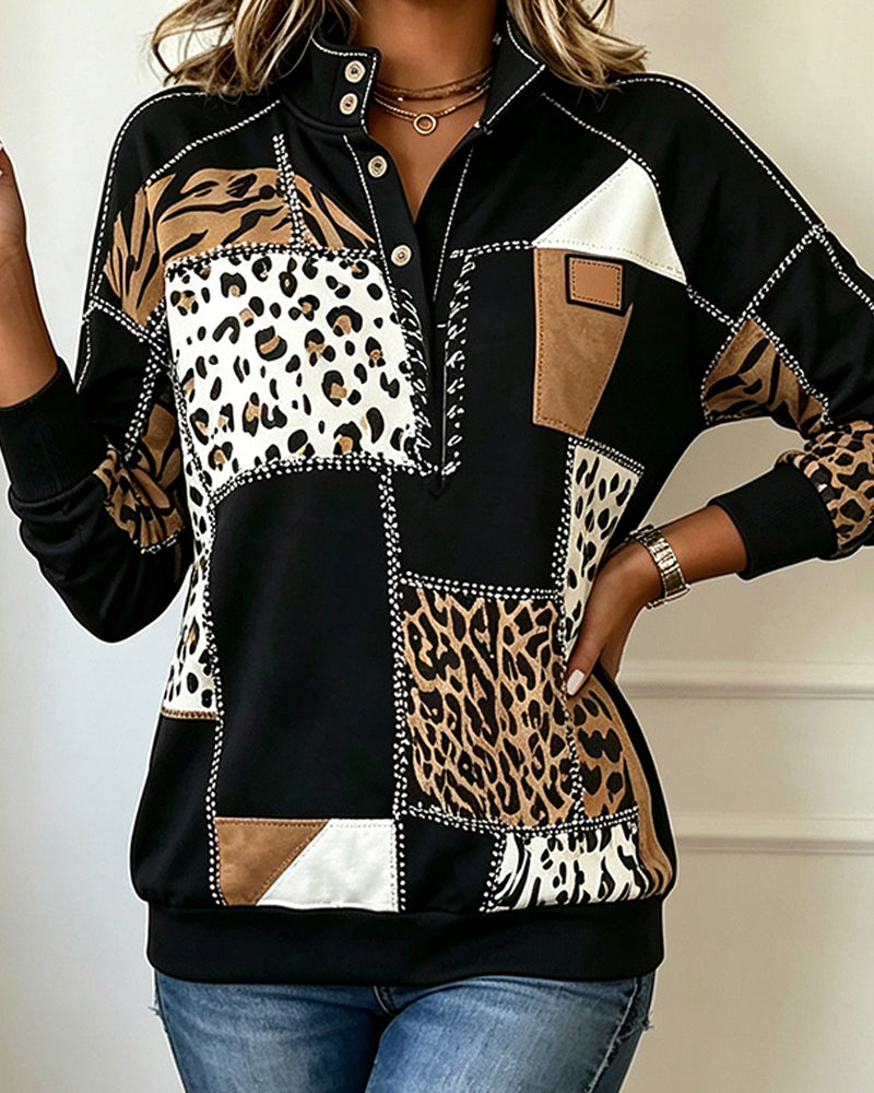 Leopard Patchwork Stand Collar Sweatshirt