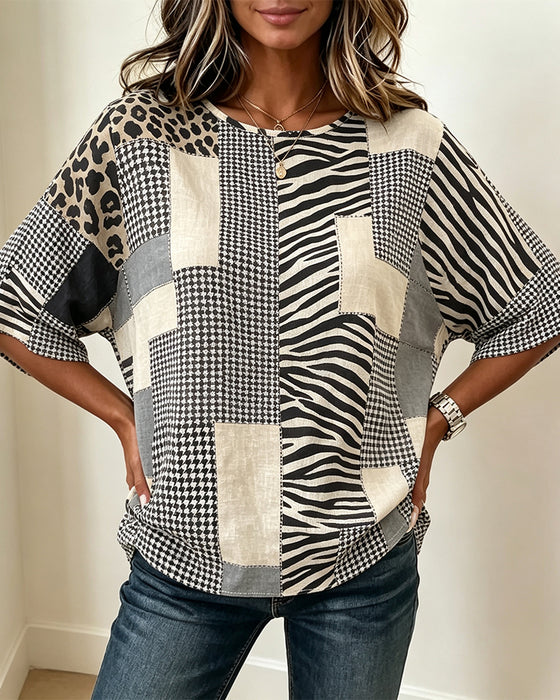 Crewneck Patchwork Plaid Leopard Blouse