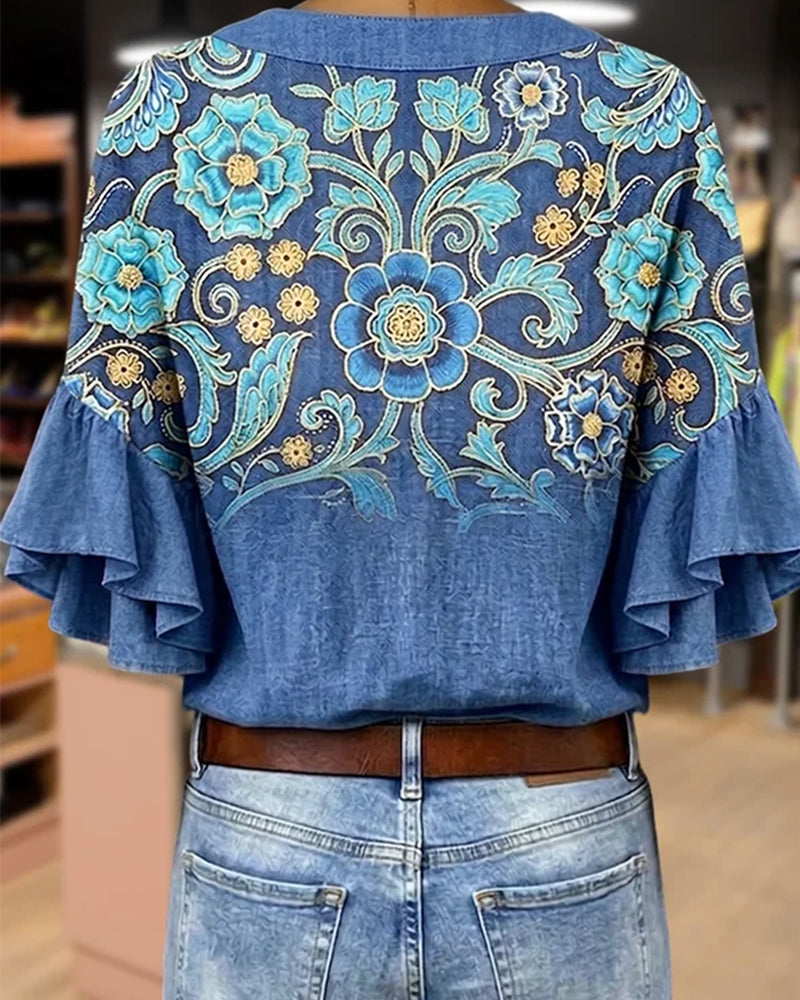 Bohemian Print V-Neck Vintage Blouse