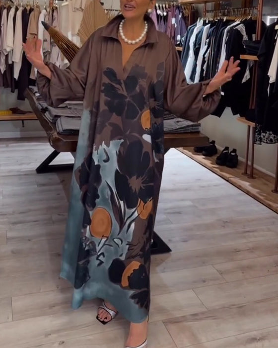 Lapel Ink Print Shirt Long Dress