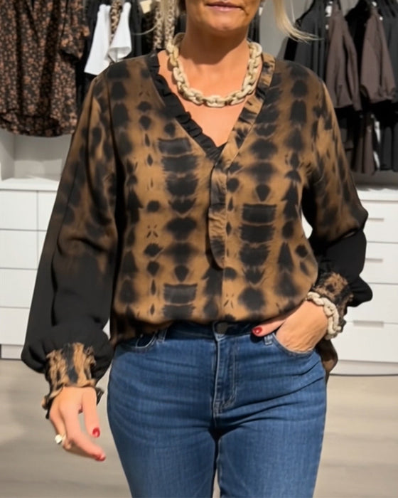 Ruffled V-Neck Tie-Dye Print Blouse