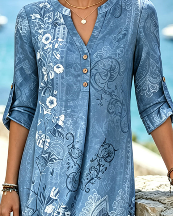 Floral Three-Quarter Sleeve Straight Dresses