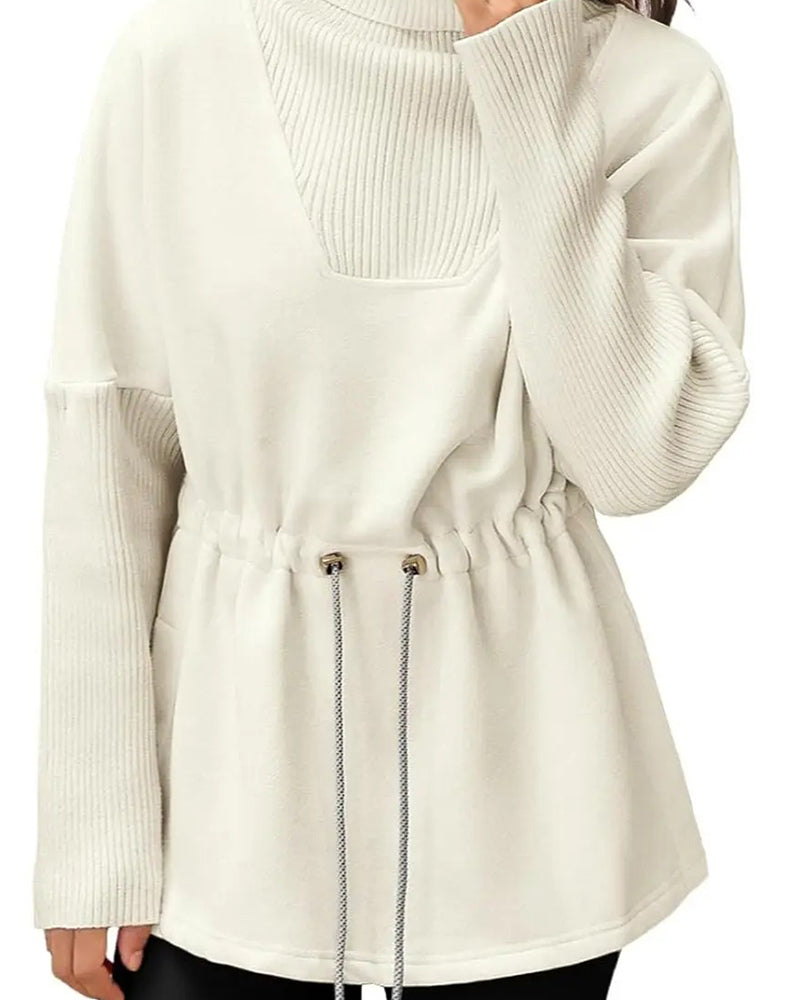 High Collar Long Sleeve Waist Drawstring Sweatshirt