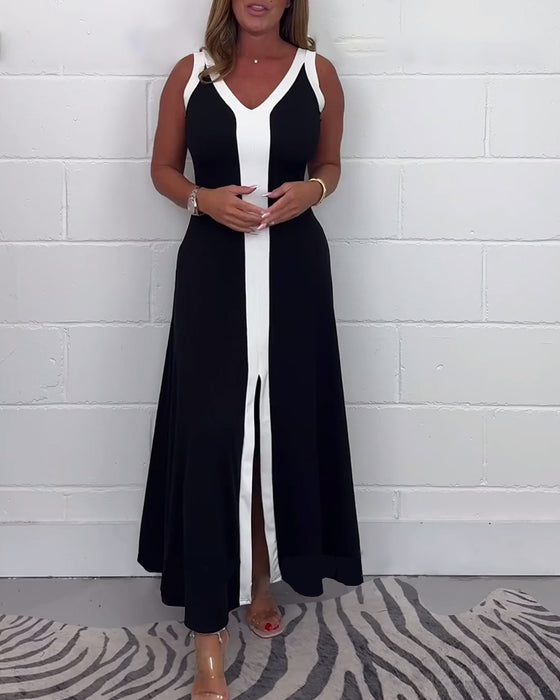 Sleeveless colorblock slit dress