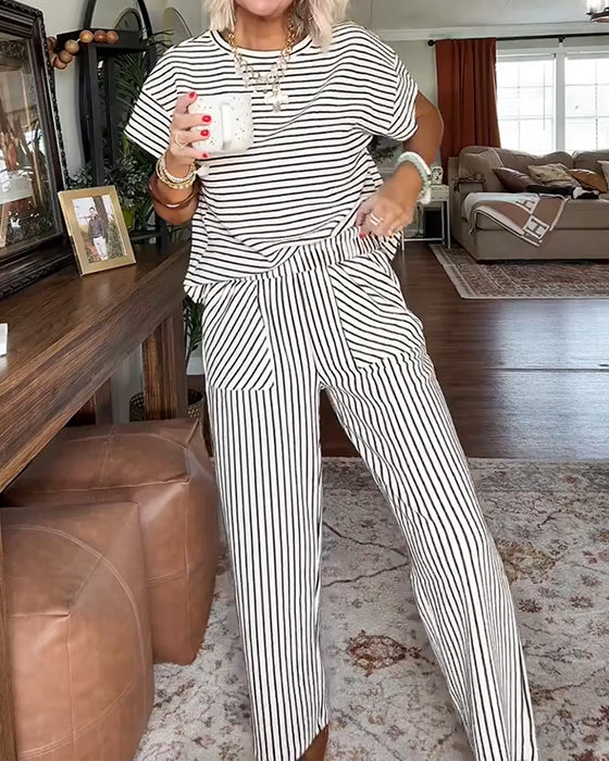 Round Neck Striped Elastic Waist Pocket Set