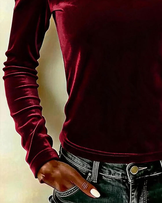 Velvet Off-Shoulder Long Sleeve Top