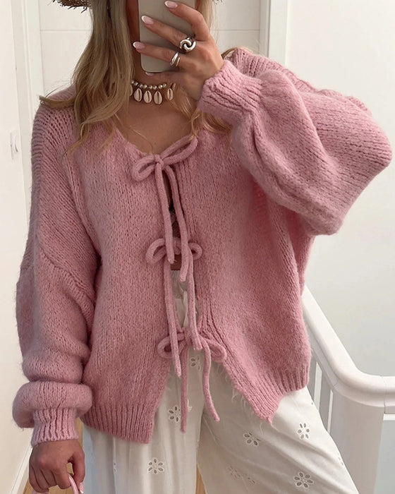 Lazy style solid color lace-up cardigan