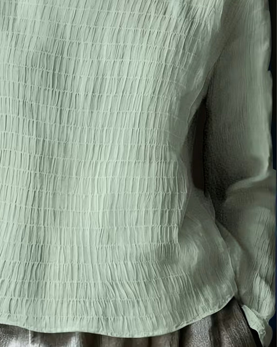 Crew Neck Smocked Lace Panel Solid Blouse