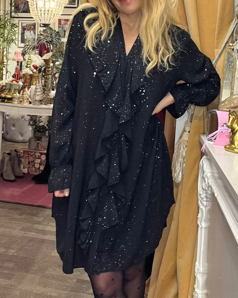 Loose-Fitting Ruffle Trim Sequined Dress