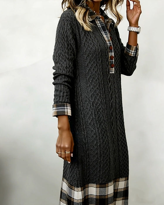 Button-Down Collar Color-Blocked Plaid Dress