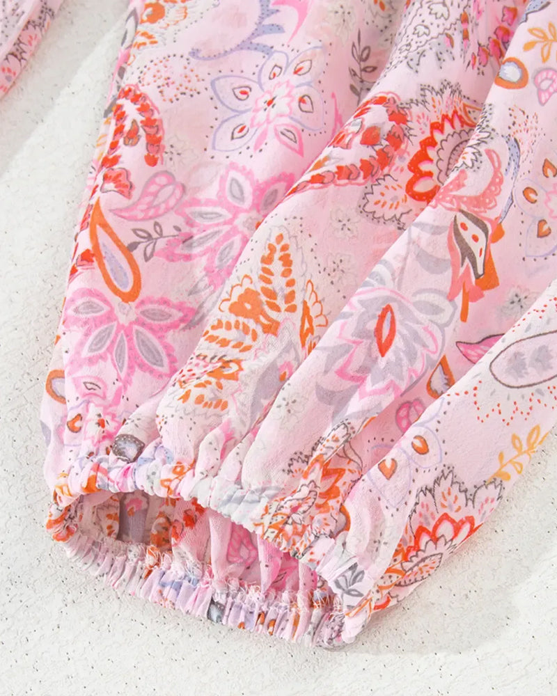 Lantern Sleeve Printed V-Neck Blouse