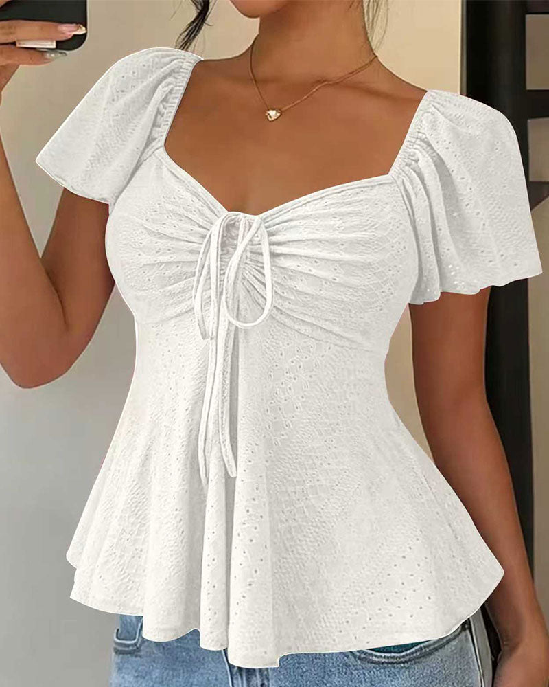 Hollow-Out Drawstring Short Sleeve Solid Color Blouse