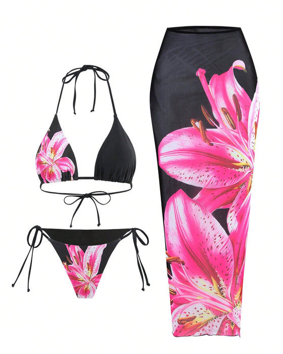 Sexy Printed Three-Piece Swimsuit