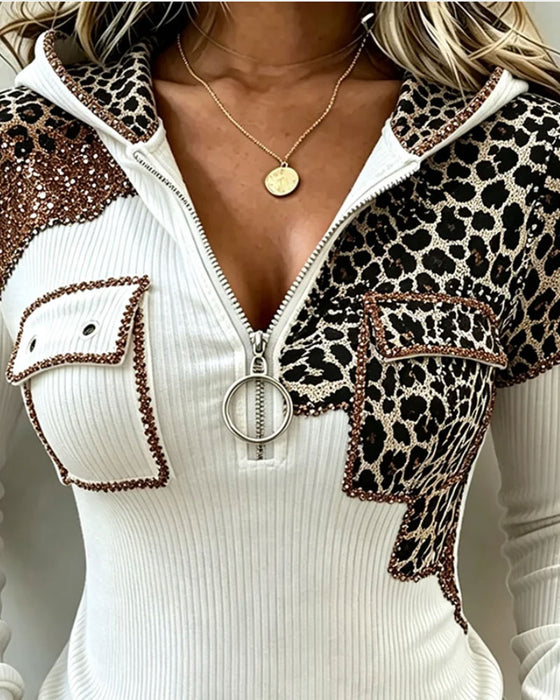 Hooded Zip Leopard Top