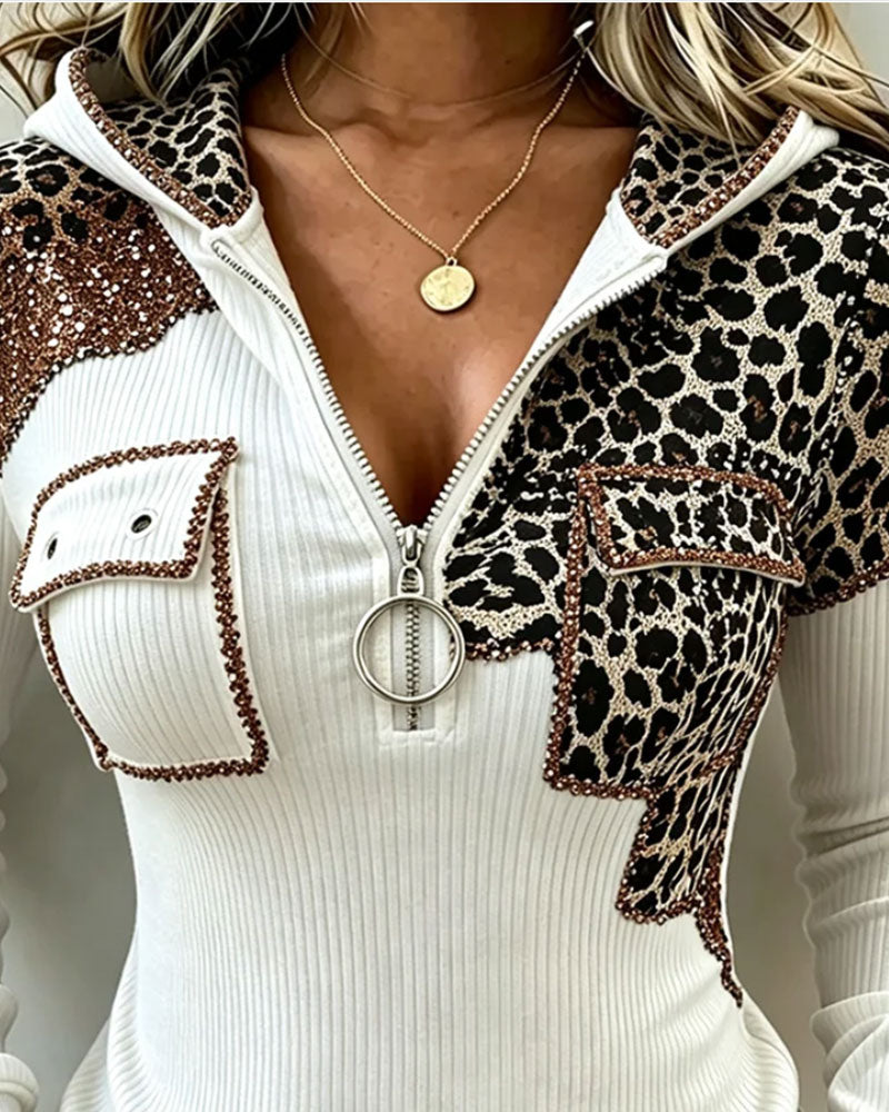 Hooded Zip Leopard Top