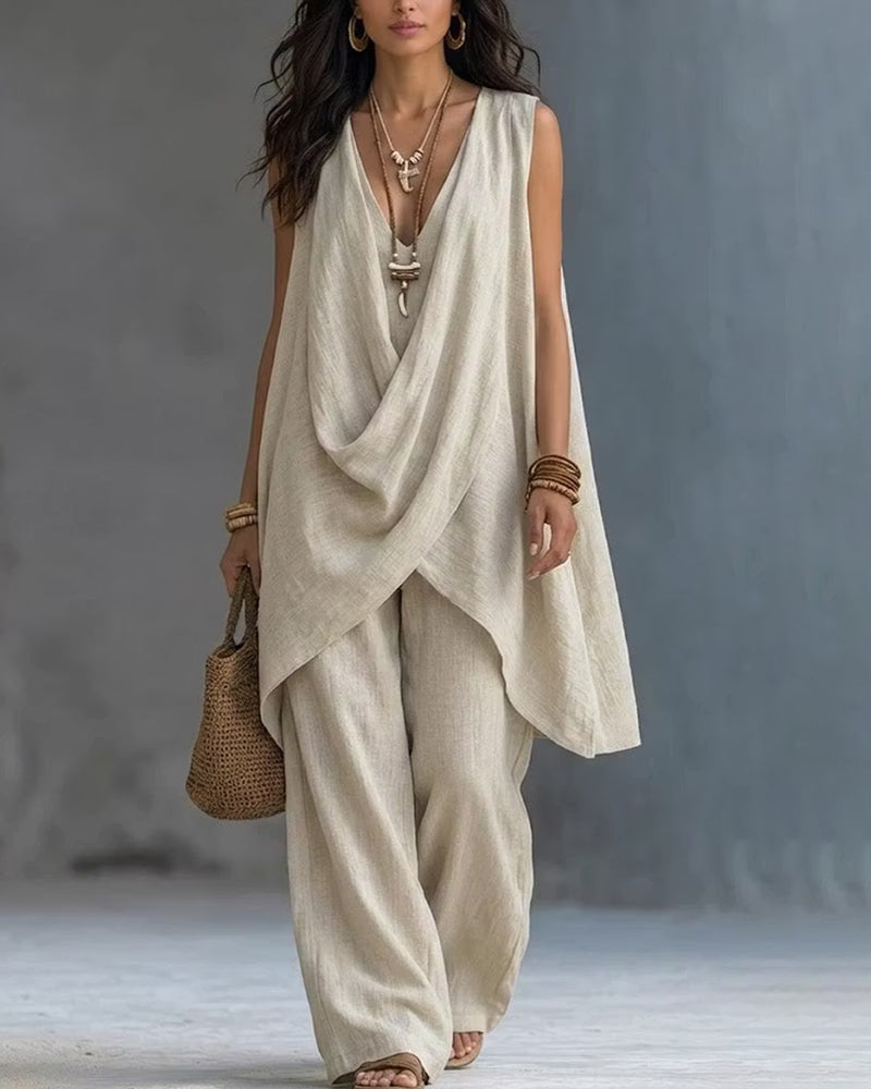 Sleeveless V-Neck Crossover Straight Pants Set