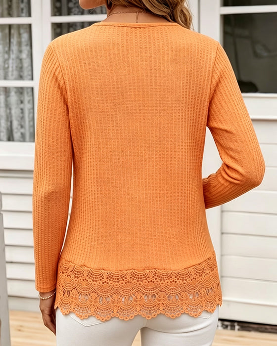 V-Neck Solid Color Lace Top