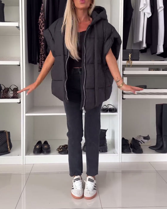 Hooded solid color zipper short sleeve padded jackets