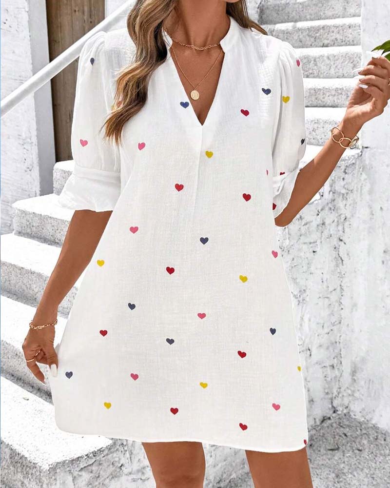 Colorful Heart Print V-Neck Dress