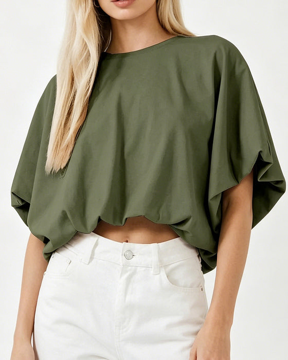 Solid Color Puff Sleeve Cropped Top