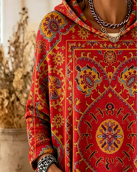Bohemian Print Hooded Longline Hoodie