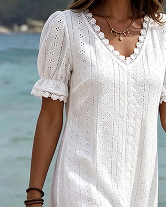 Solid V-Neck Lace Patchwork Bubble Sleeve Dress