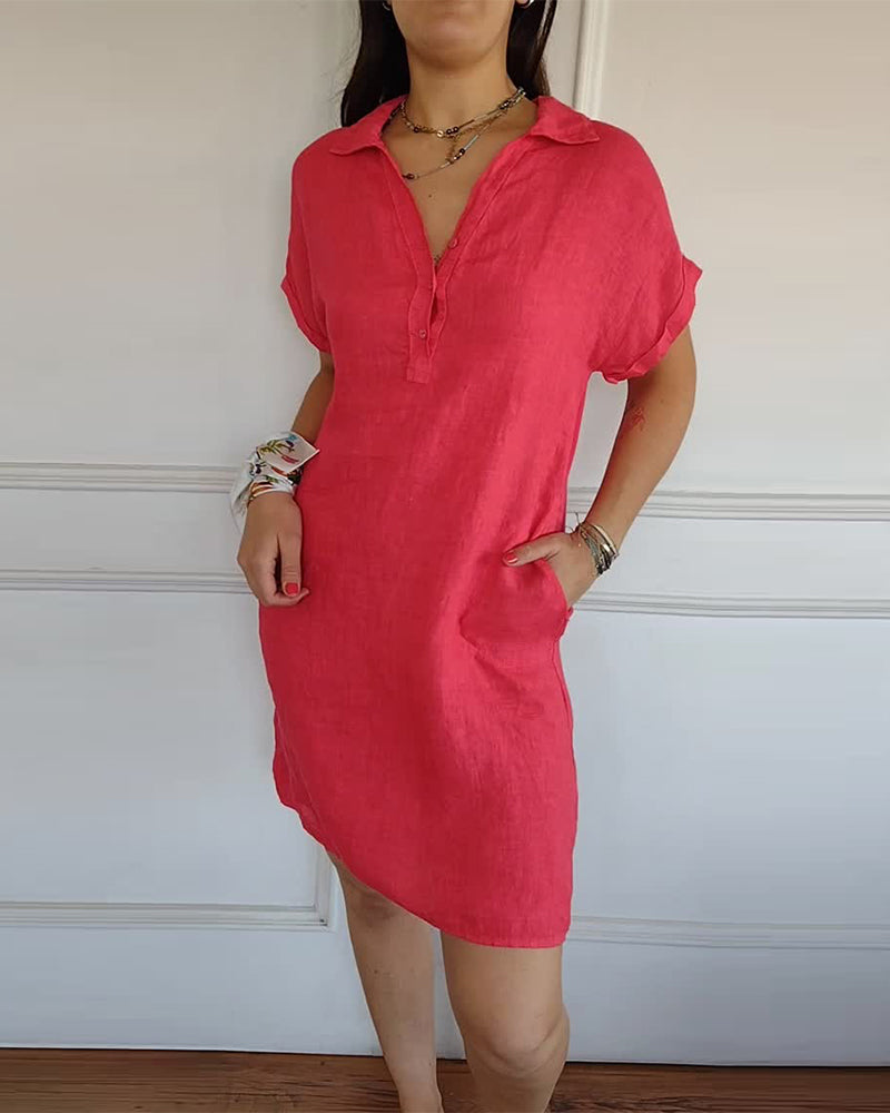 Button-Down Collar Short-Sleeved Solid Color Dress