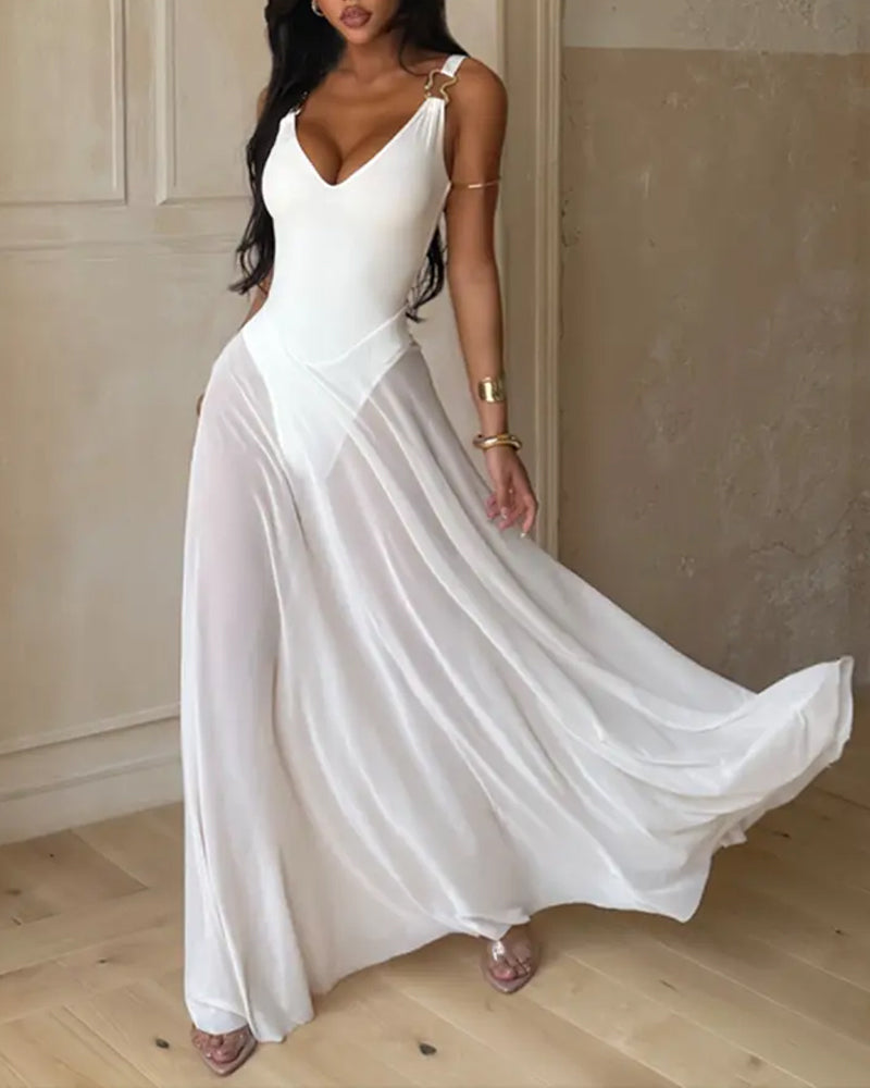Deep V-Neck See-Through Slip Dress