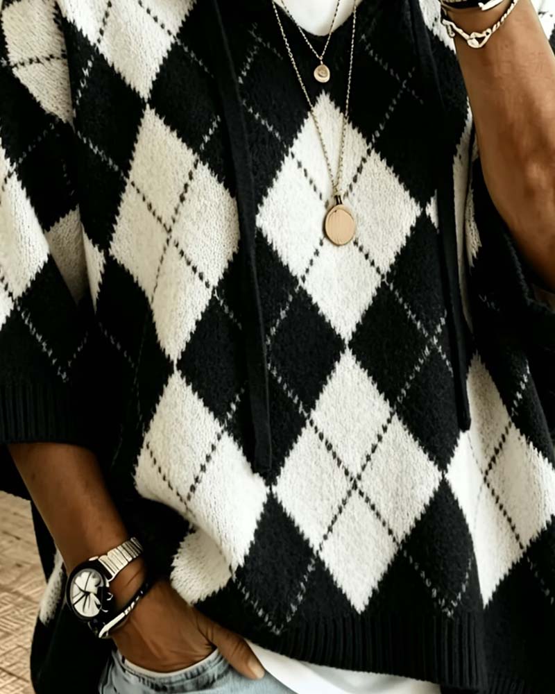 Plaid Hooded Three-Quarter Sleeve Pullover