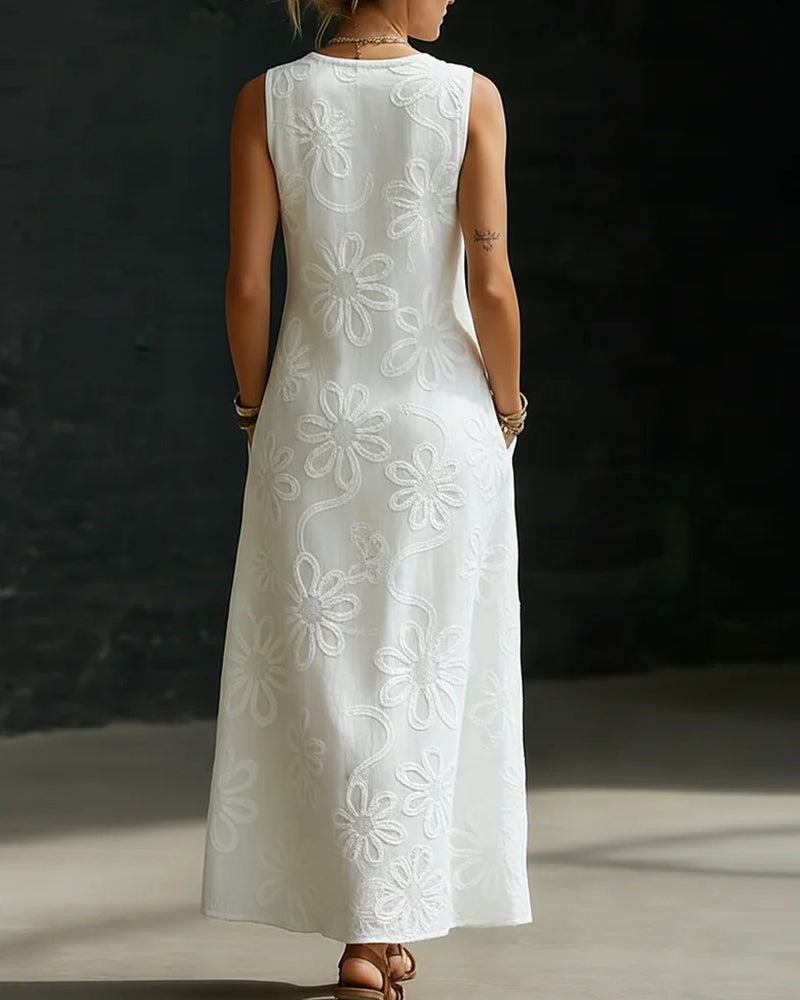 V-Neck Floral Pattern Diagonal Button Long Dress