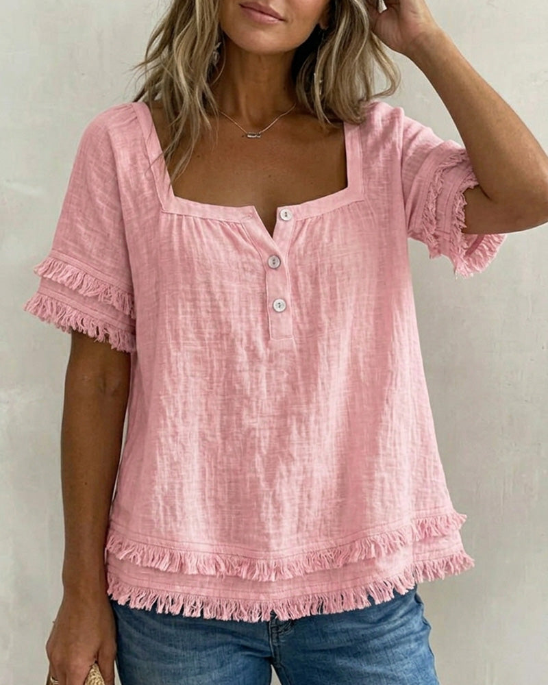 Square Neck Half-Placket Fringe Blouse