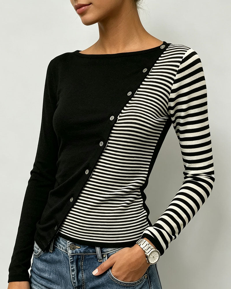 Contrast Striped Button Patchwork T-Shirt