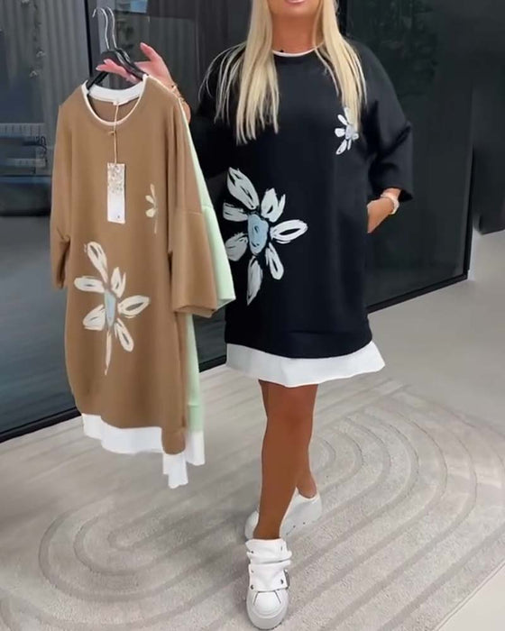 Crew Neck Printed Patchwork Sweatshirt Dress