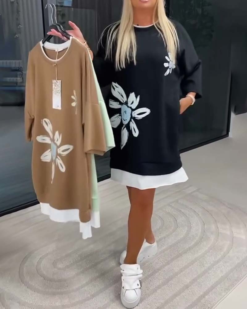 Crew Neck Printed Patchwork Sweatshirt Dress